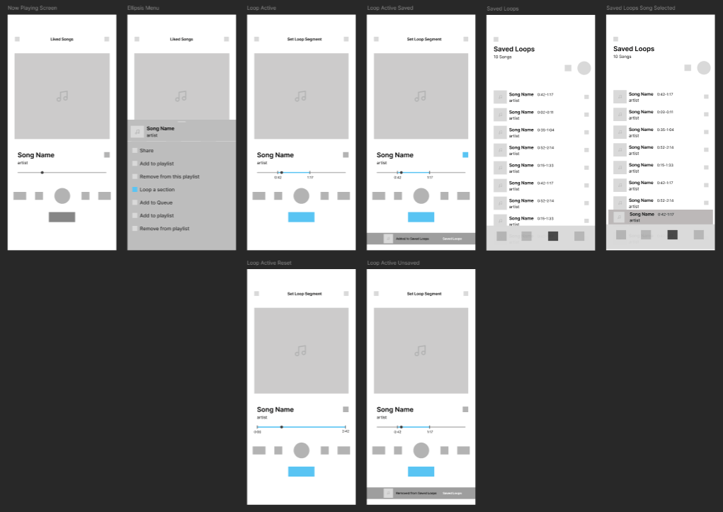 Spotify Loop Low-Fi Prototype showing wireframes of loop interaction flow and timeline controls