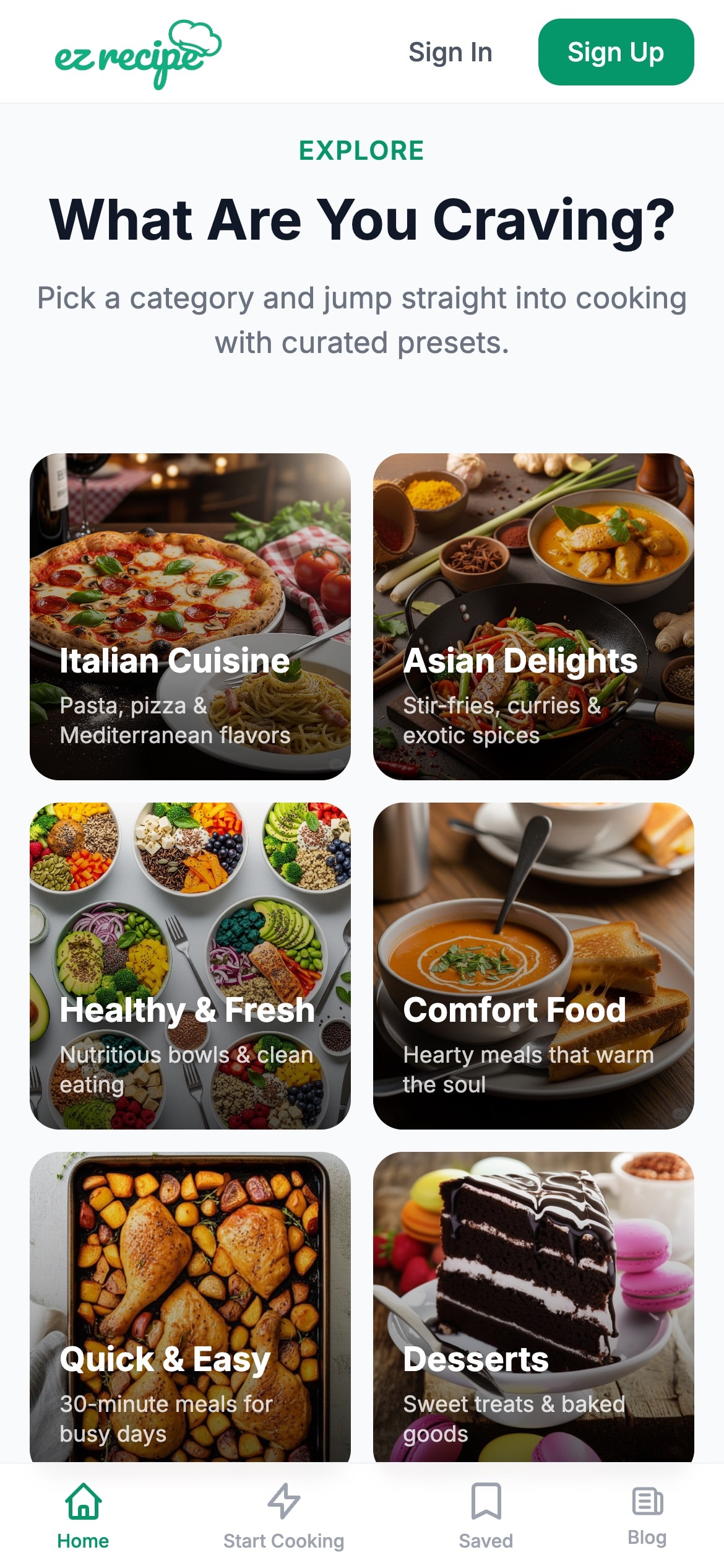 ezrecipe.app on a phone: six food categories to cook from, from Italian Cuisine to Desserts.