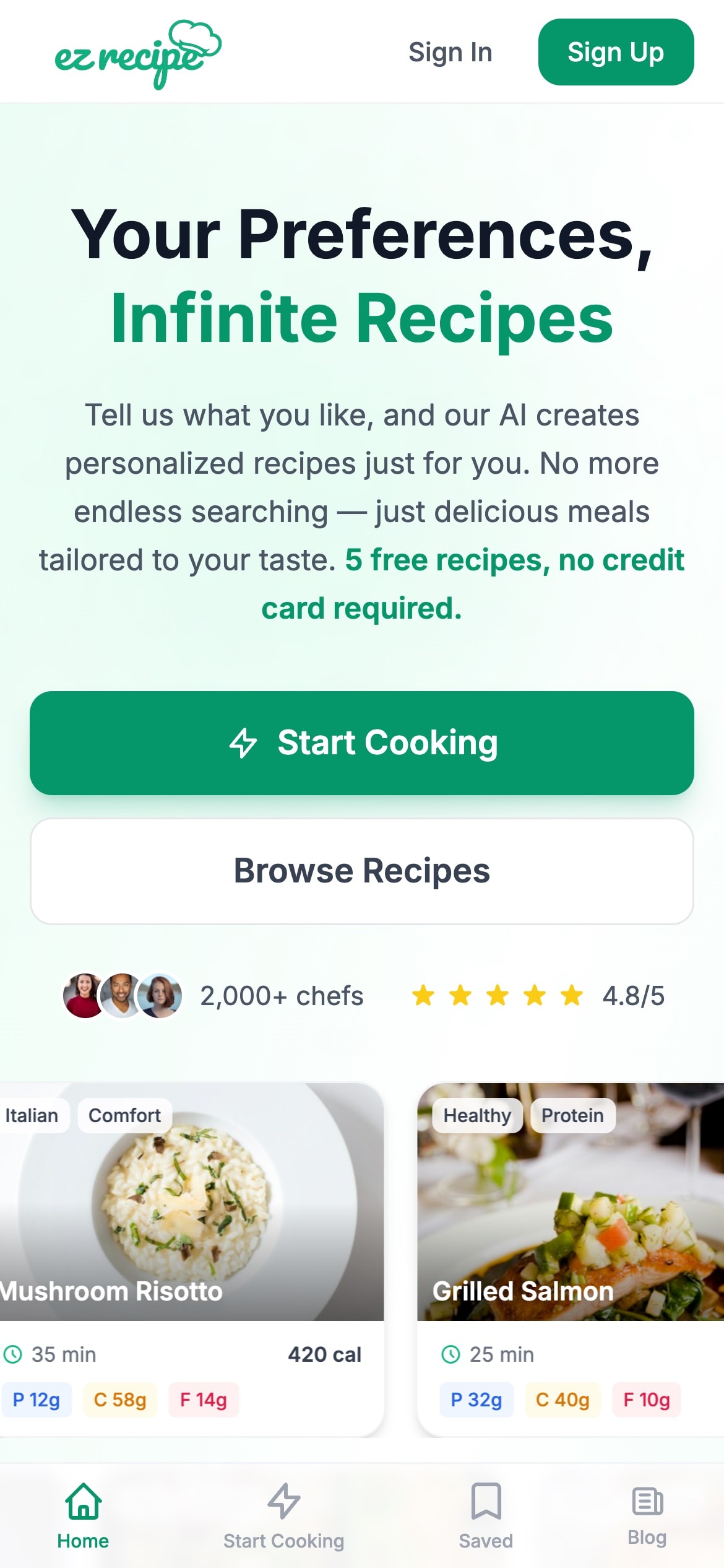ezrecipe.app on a phone: “Your Preferences, Infinite Recipes”, a Start Cooking button and recipe cards.