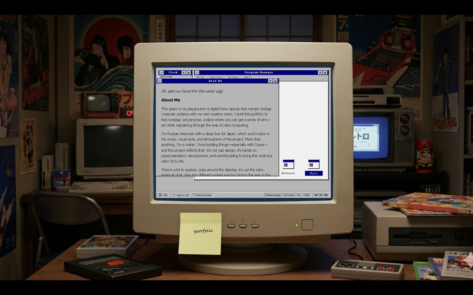 about.michaelbobov.com: a retro computer room with a beige CRT showing a Windows 3.1 desktop.