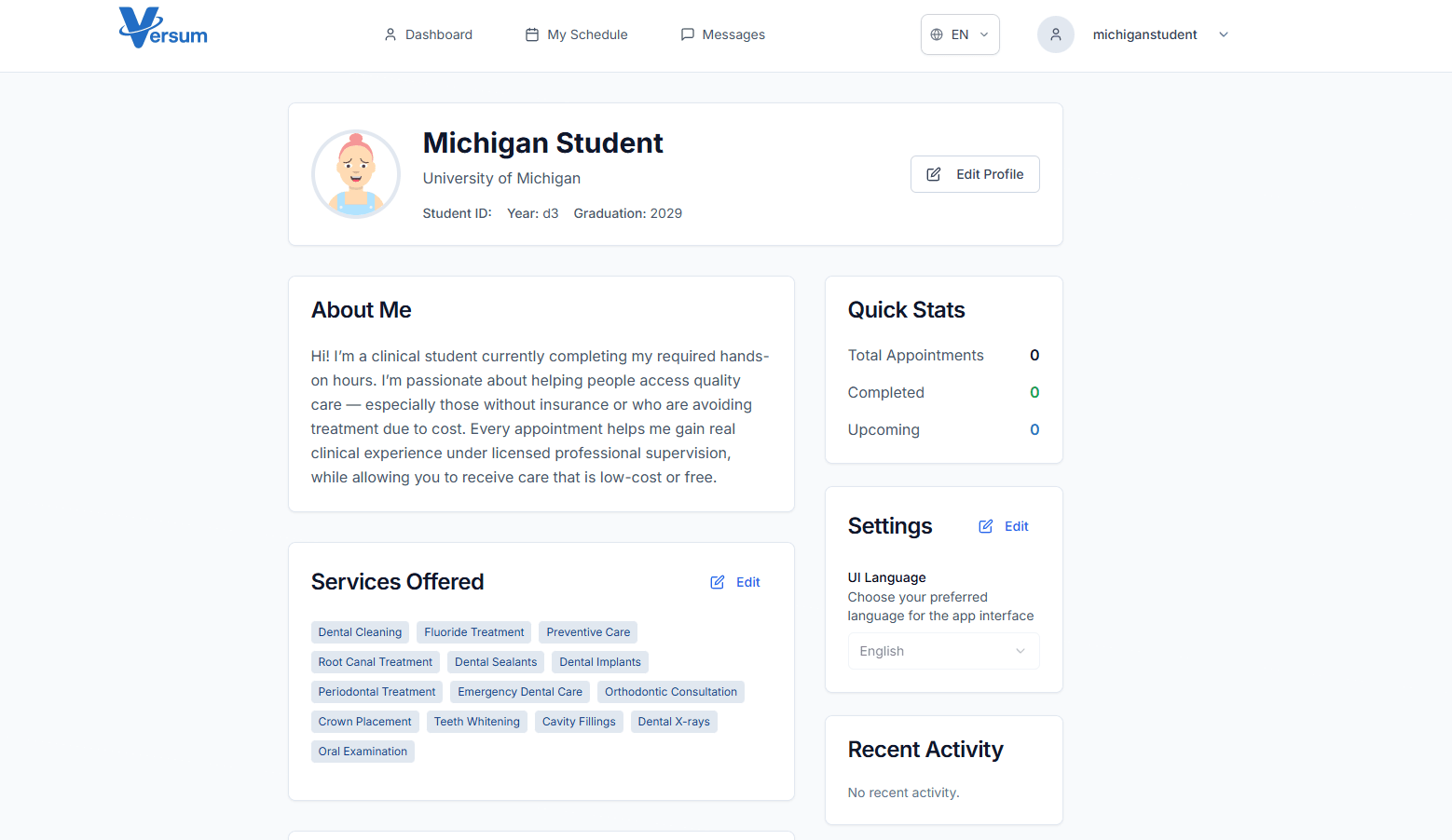 Student Dashboard - Profile and Services